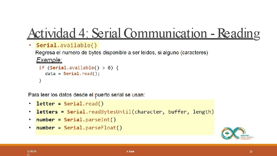 Actividad 4: Serial Communication - Reading 12/30/20 21 A. Alvear 28 