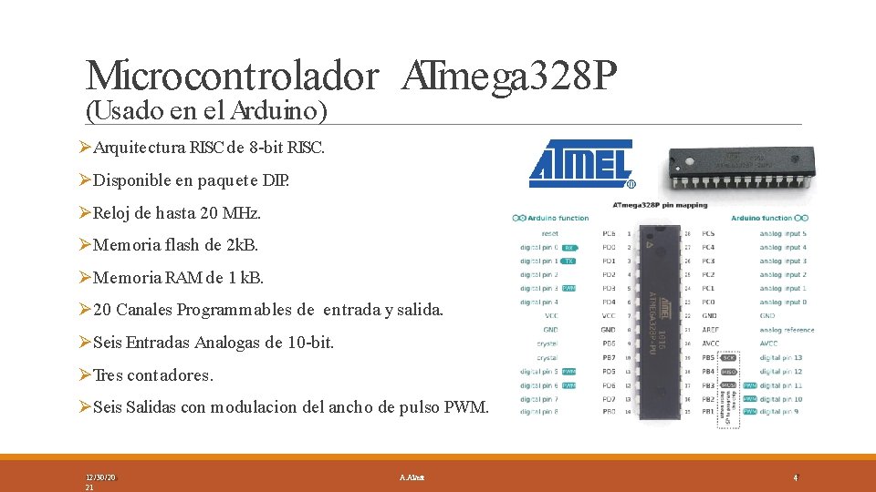 Microcontrolador ATmega 328 P (Usado en el Arduino) Arquitectura RISC de 8 -bit RISC.