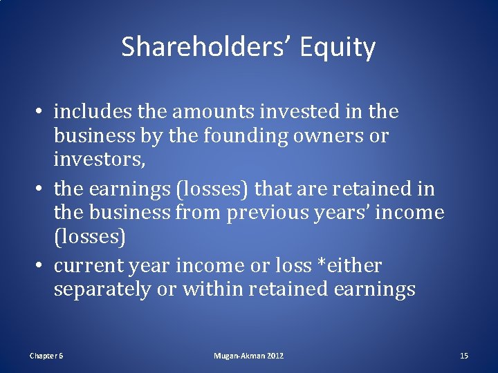Shareholders’ Equity • includes the amounts invested in the business by the founding owners