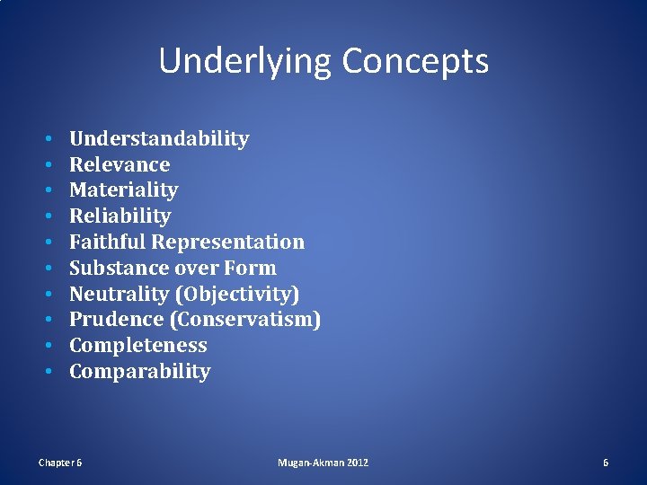 Underlying Concepts • • • Understandability Relevance Materiality Reliability Faithful Representation Substance over Form