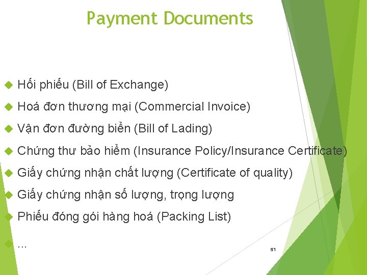 Payment Documents Hối phiếu (Bill of Exchange) Hoá đơn thương mại (Commercial Invoice) Vận