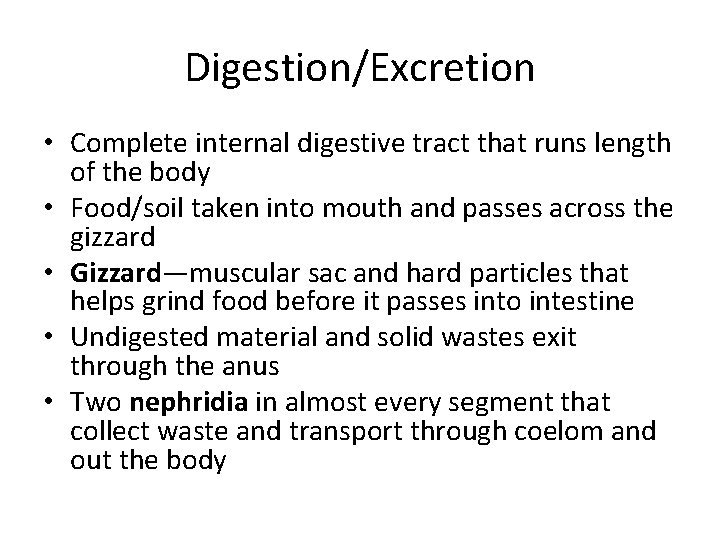 Digestion/Excretion • Complete internal digestive tract that runs length of the body • Food/soil