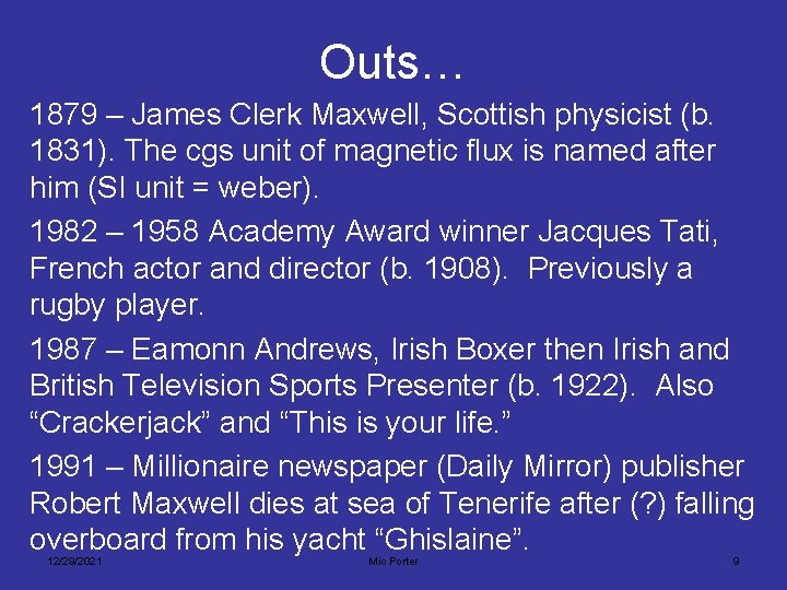 Outs… 1879 – James Clerk Maxwell, Scottish physicist (b. 1831). The cgs unit of