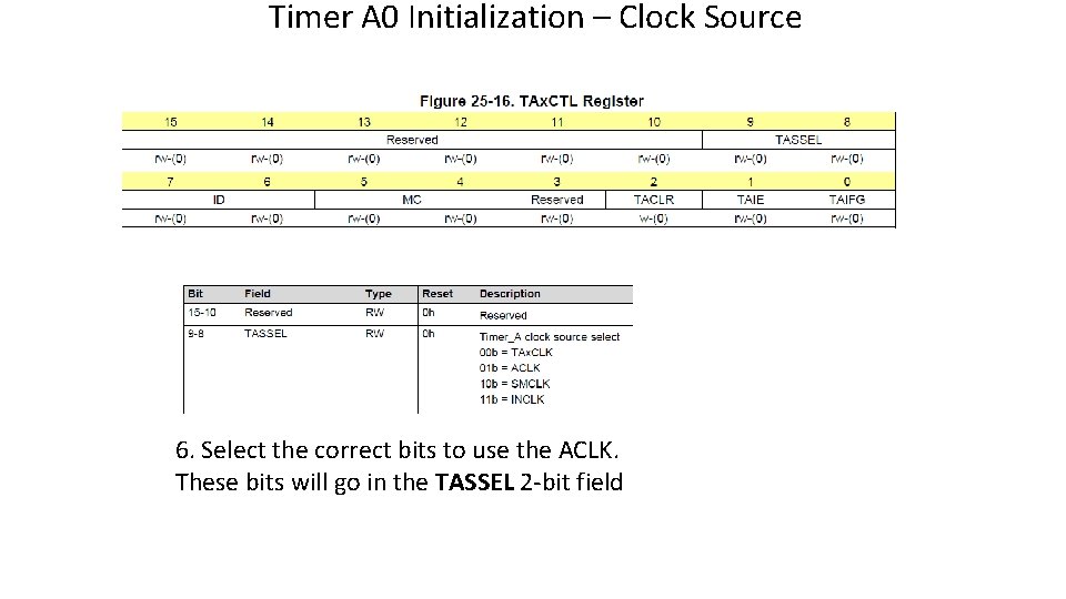 Timer A 0 Initialization – Clock Source 6. Select the correct bits to use