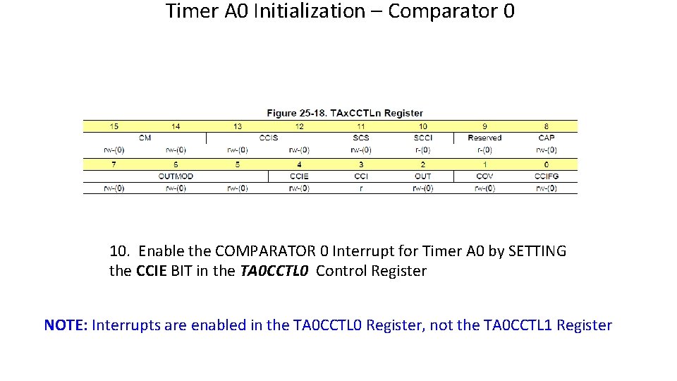 Timer A 0 Initialization – Comparator 0 10. Enable the COMPARATOR 0 Interrupt for