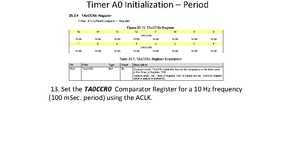 Timer A 0 Initialization – Period 13. Set the TA 0 CCR 0 Comparator