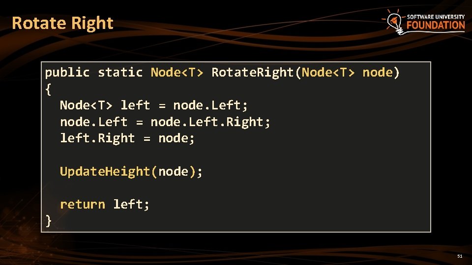Rotate Right public static Node<T> Rotate. Right(Node<T> node) { Node<T> left = node. Left; Rotate Right public static Node<T> Rotate. Right(Node<T> node) { Node<T> left = node. Left;