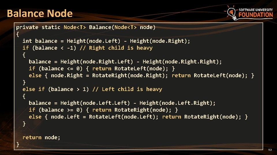 Balance Node private static Node<T> Balance(Node<T> node) { int balance = Height(node. Left) - Balance Node private static Node<T> Balance(Node<T> node) { int balance = Height(node. Left) -