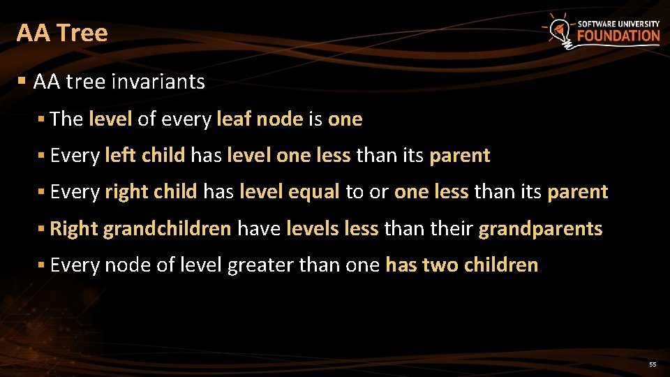 AA Tree § AA tree invariants § The level of every leaf node is AA Tree § AA tree invariants § The level of every leaf node is
