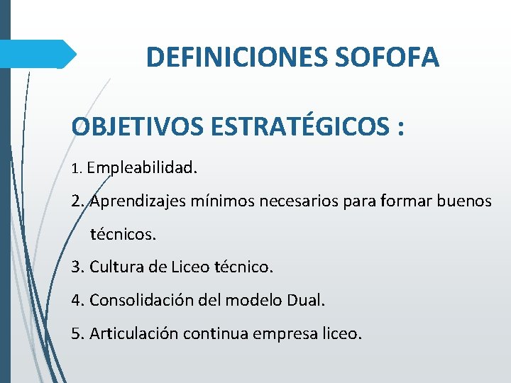 DEFINICIONES SOFOFA OBJETIVOS ESTRATÉGICOS : 1. Empleabilidad. 2. Aprendizajes mínimos necesarios para formar buenos