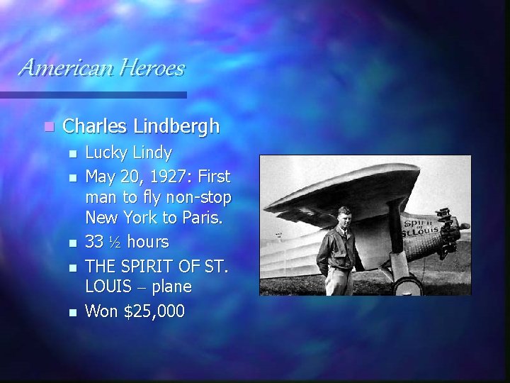 American Heroes n Charles Lindbergh n n n Lucky Lindy May 20, 1927: First
