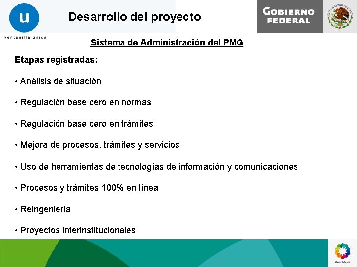 Desarrollo del proyecto Sistema de Administración del PMG Etapas registradas: • Análisis de situación