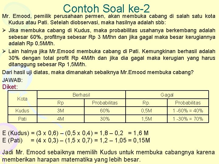 Contoh Soal ke-2 Mr. Emood, pemilik perusahaan permen, akan membuka cabang di salah satu