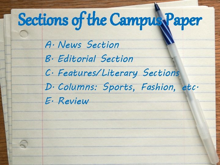 Sections of the Campus Paper A. News Section B. Editorial Section C. Features/Literary Sections