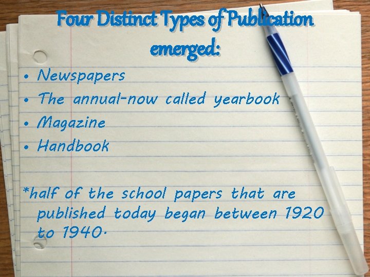  • • Four Distinct Types of Publication emerged: Newspapers The annual-now called yearbook
