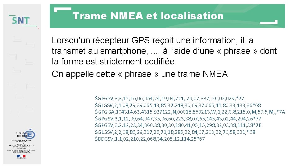 SNT Trame NMEA et localisation Lorsqu’un récepteur GPS reçoit une information, il la transmet SNT Trame NMEA et localisation Lorsqu’un récepteur GPS reçoit une information, il la transmet