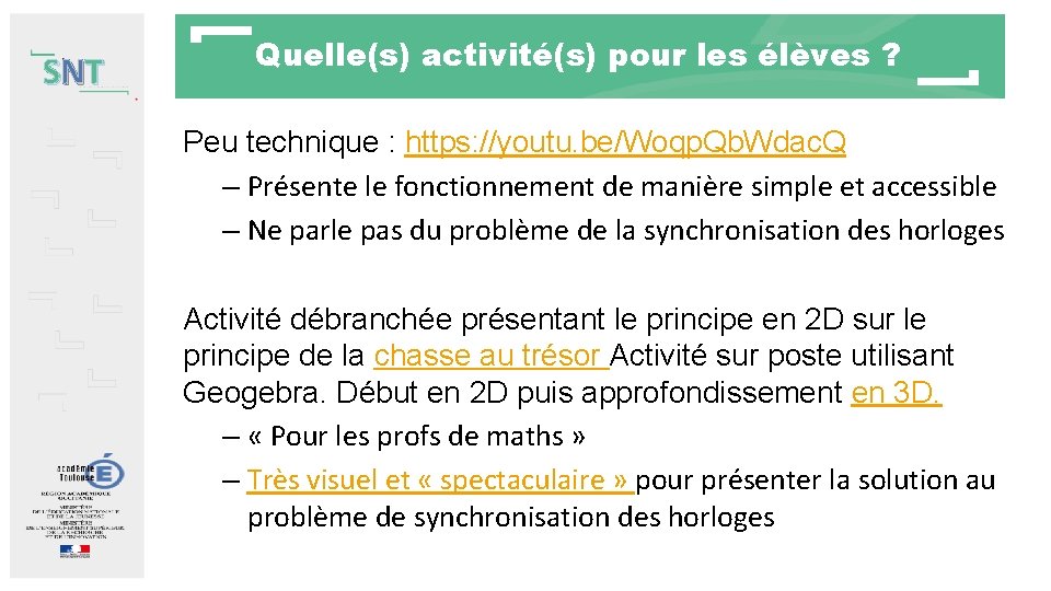 SNT Quelle(s) activité(s) pour les élèves ? Peu technique : https: //youtu. be/Woqp. Qb. SNT Quelle(s) activité(s) pour les élèves ? Peu technique : https: //youtu. be/Woqp. Qb.