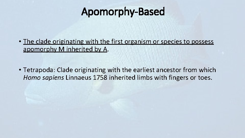 Apomorphy-Based • The clade originating with the first organism or species to possess apomorphy