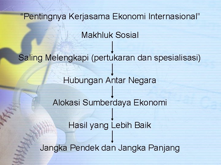 “Pentingnya Kerjasama Ekonomi Internasional” Makhluk Sosial Saling Melengkapi (pertukaran dan spesialisasi) Hubungan Antar Negara