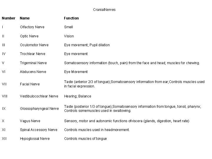 Cranial. Nerves Number Name Function I Olfactory Nerve Smell II Optic Nerve Vision III