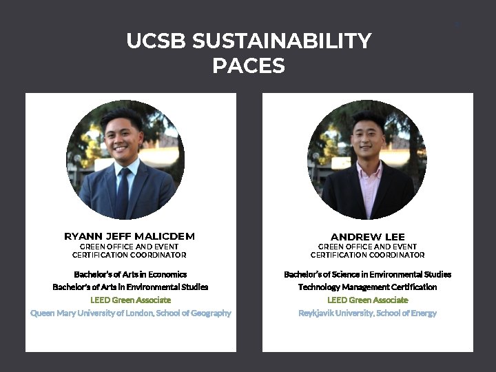 UCSB SUSTAINABILITY PACES BIRDIECHIRP RYANNRESIDENT JEFF MALICDEM ANDREW LEE GREEN OFFICE AND EVENT CERTIFICATION