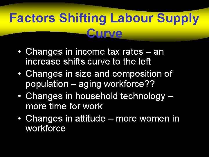 Factors Shifting Labour Supply Curve • Changes in income tax rates – an increase