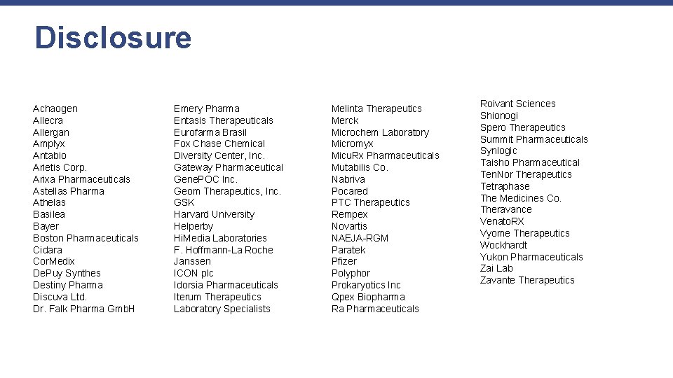 Disclosure Achaogen Allecra Allergan Amplyx Antabio Arietis Corp. Arixa Pharmaceuticals Astellas Pharma Athelas Basilea