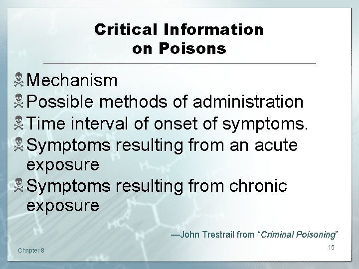Critical Information on Poisons N Mechanism N Possible methods of administration N Time interval