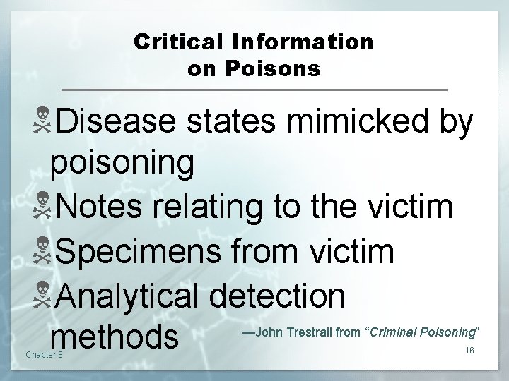 Critical Information on Poisons NDisease states mimicked by poisoning NNotes relating to the victim