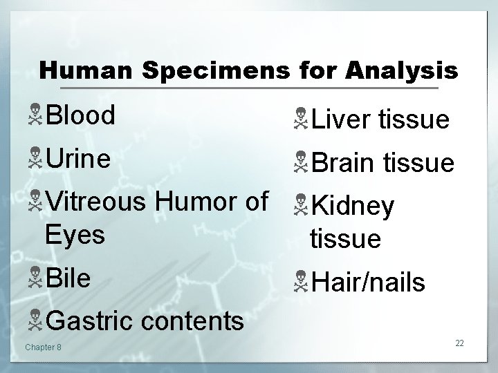 Human Specimens for Analysis NBlood NLiver tissue NUrine NBrain tissue NVitreous Humor of NKidney