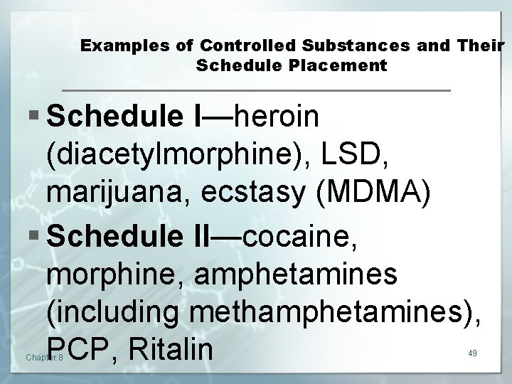 Examples of Controlled Substances and Their Schedule Placement § Schedule I—heroin (diacetylmorphine), LSD, marijuana,