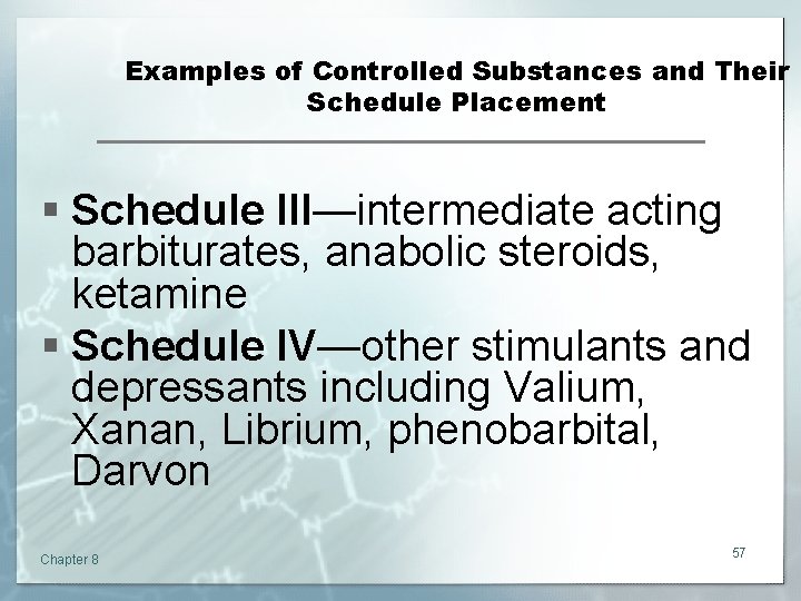 Examples of Controlled Substances and Their Schedule Placement § Schedule III—intermediate acting barbiturates, anabolic