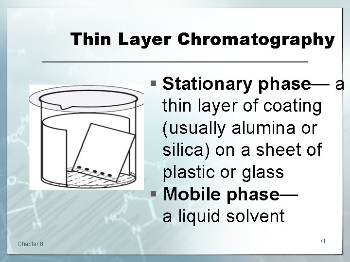 Thin Layer Chromatography § Stationary phase— a thin layer of coating (usually alumina or