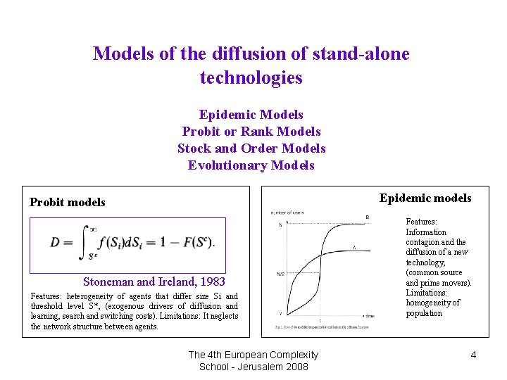 Models of the diffusion of stand-alone technologies Epidemic Models Probit or Rank Models Stock
