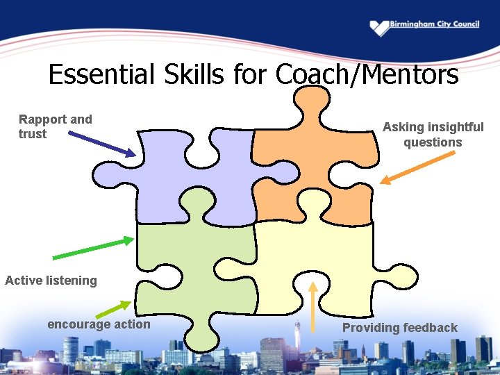 Essential Skills for Coach/Mentors Rapport and trust Asking insightful questions Active listening encourage action