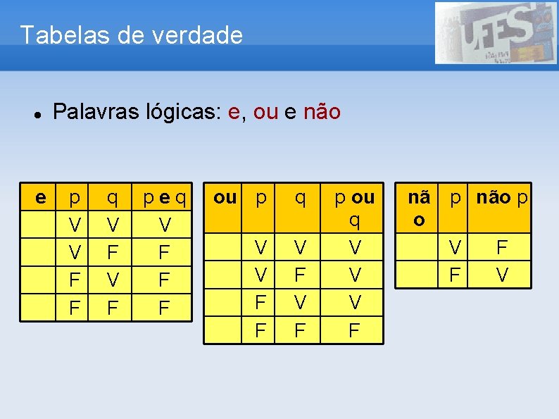 Tabelas de verdade e Palavras lógicas: e, ou e não p V V F