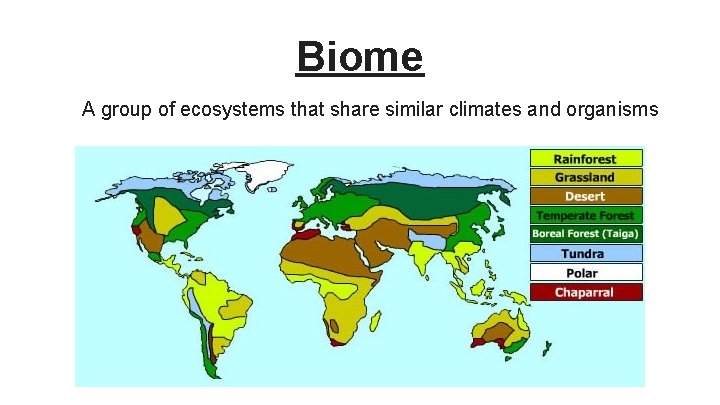 Biome A group of ecosystems that share similar climates and organisms 
