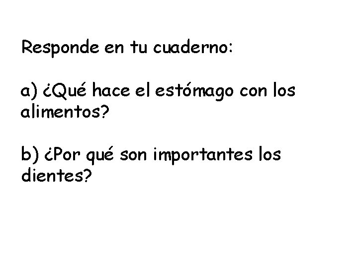 Responde en tu cuaderno: a) ¿Qué hace el estómago con los alimentos? b) ¿Por