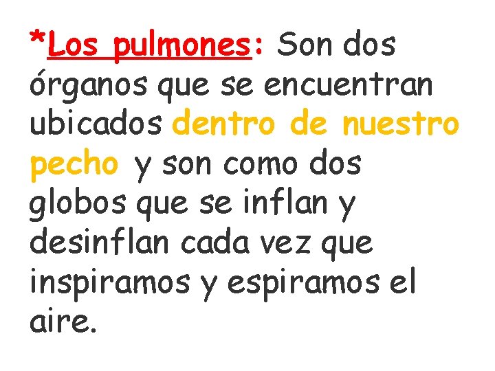 *Los pulmones: Son dos órganos que se encuentran ubicados dentro de nuestro pecho y