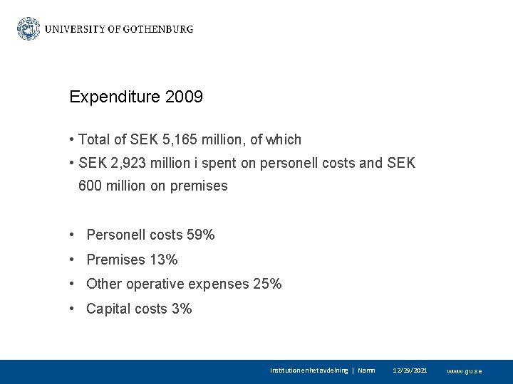 Expenditure 2009 • Total of SEK 5, 165 million, of which • SEK 2,