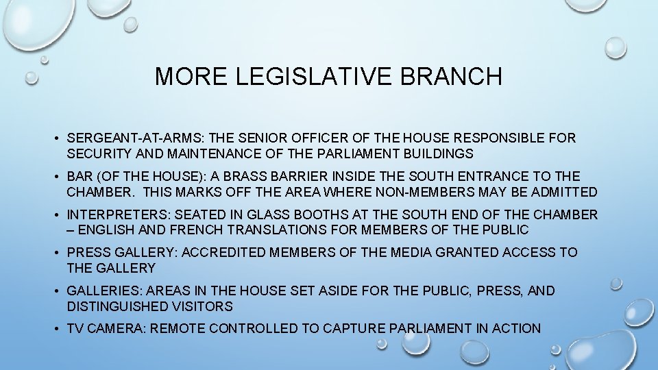 MORE LEGISLATIVE BRANCH • SERGEANT-AT-ARMS: THE SENIOR OFFICER OF THE HOUSE RESPONSIBLE FOR SECURITY