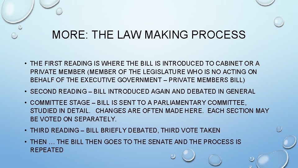 MORE: THE LAW MAKING PROCESS • THE FIRST READING IS WHERE THE BILL IS