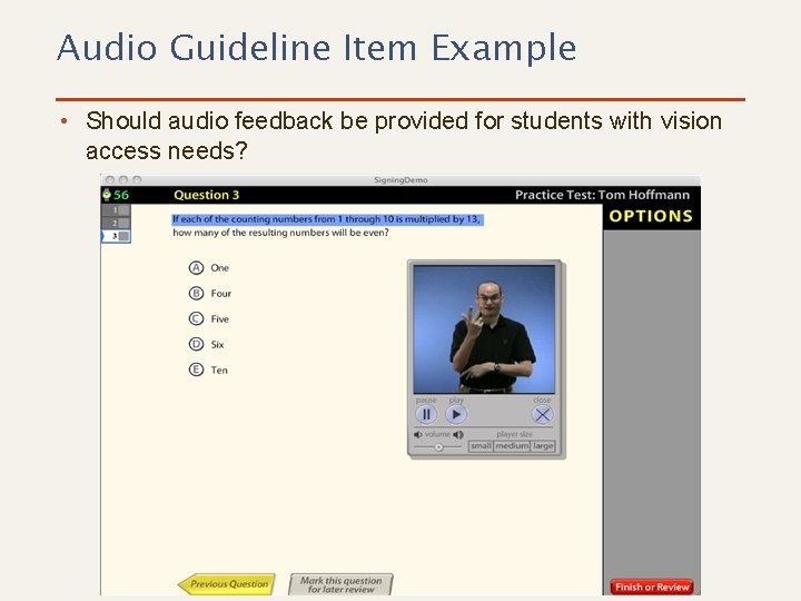Audio Guideline Item Example • Should audio feedback be provided for students with vision