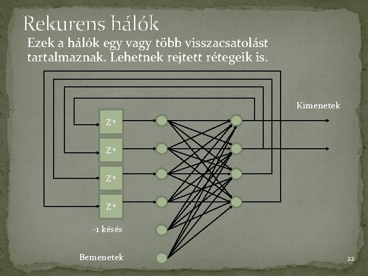 Rekurens hálók Ezek a hálók egy vagy több visszacsatolást tartalmaznak. Lehetnek rejtett rétegeik is.