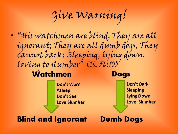 Give Warning! • “His watchmen are blind, They are all ignorant; They are all