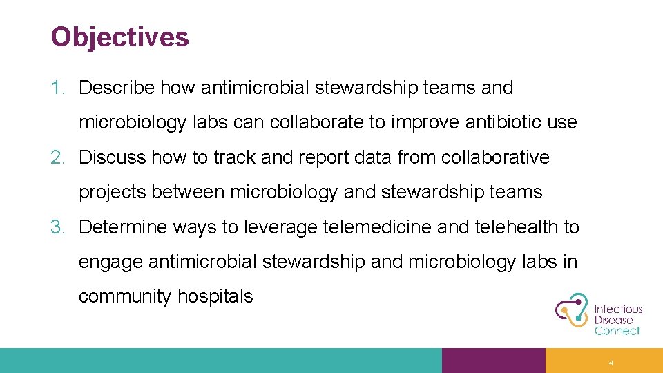 Objectives 1. Describe how antimicrobial stewardship teams and microbiology labs can collaborate to improve