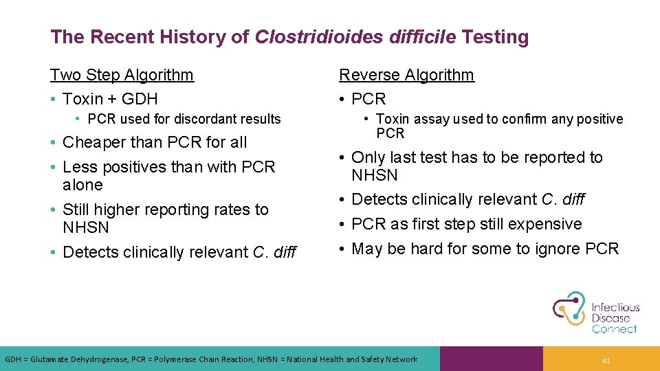The Recent History of Clostridioides difficile Testing Two Step Algorithm • Toxin + GDH