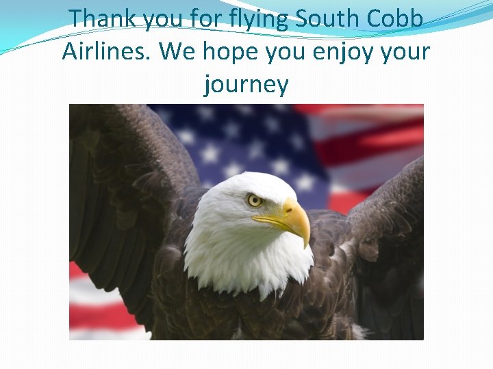 Thank you for flying South Cobb Airlines. We hope you enjoy your journey 