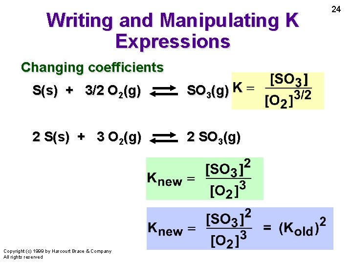 Writing and Manipulating K Expressions Changing coefficients S(s) + 3/2 O 2(g) SO 3(g)