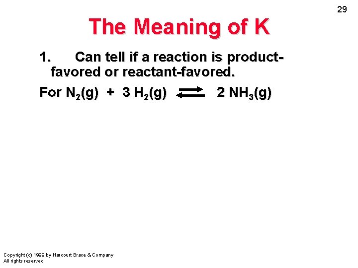 The Meaning of K 1. Can tell if a reaction is productfavored or reactant-favored.
